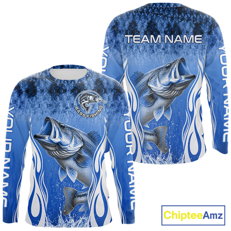 Personalized Team Bass Fishing Shirt - Long Sleeve Tournament Fishing Apparel|Blue