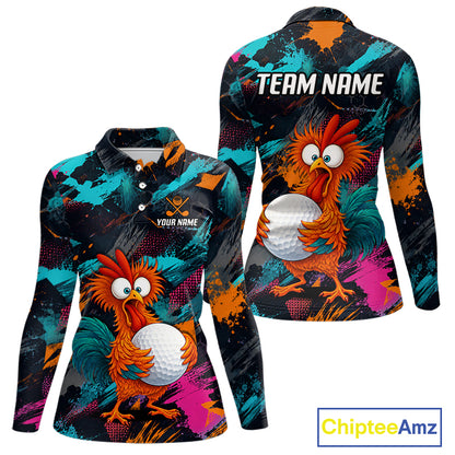 Front and back views of a long-sleeve polo shirt featuring a colorful cartoon rooster holding a golf ball on a black background with teal, orange, and pink paint splatter designs. The front has a small 'YOUR NAME' customization area, and the back has 'TEAM NAME' text at the collar.