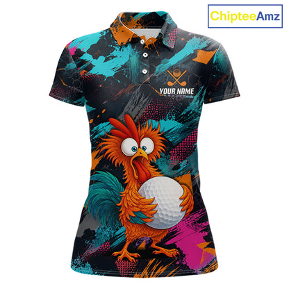 A women's short-sleeve polo shirt with a colorful all-over graphic print featuring a cartoon rooster holding a golf ball, on a white background with a ChipteeAmz logo in the top right corner.