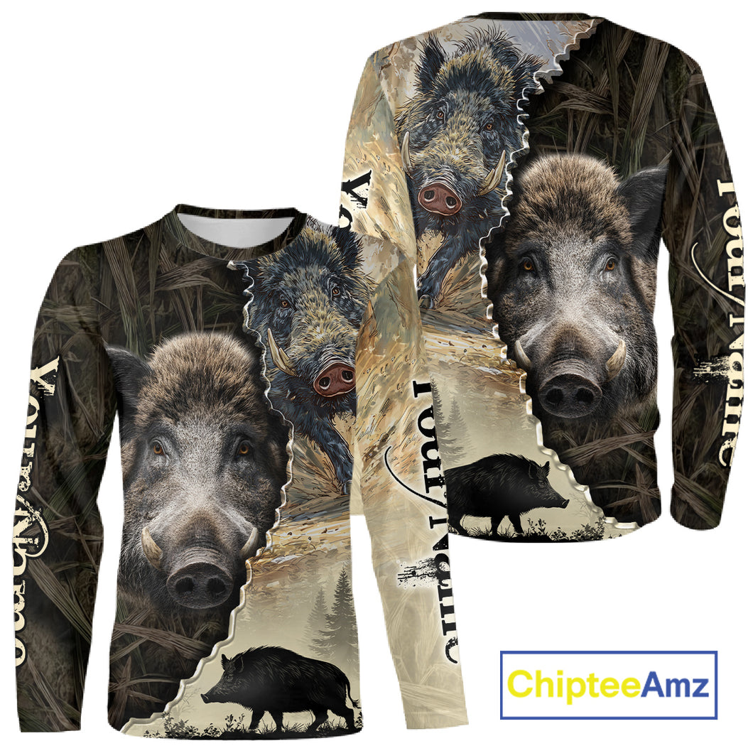Brown Camo Wild Hog Hunting 3D All Over Print Shirts Custom Name, Boar Hunting Shirt NHT148