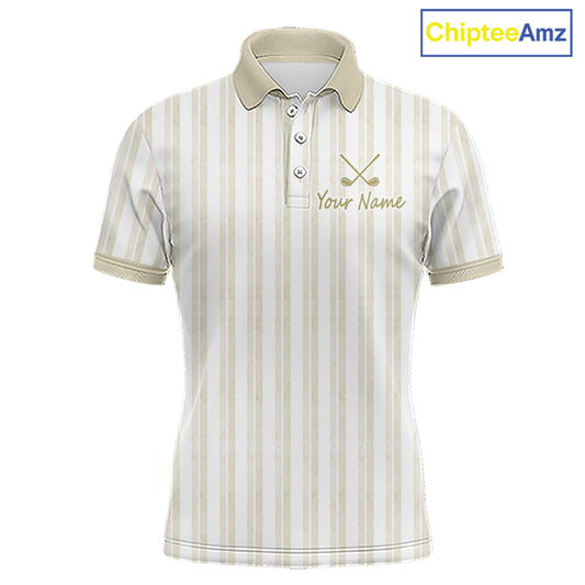 Personalized beige striped golf polo shirt for men with custom team name 