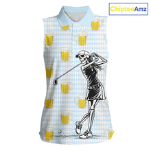 Load image into Gallery viewer, Funny Skull Womens Sleeveless Golf Polo Shirts Beer Blue Argyle Pattern Custom Name Skull Playing Golf Apparel NBT629