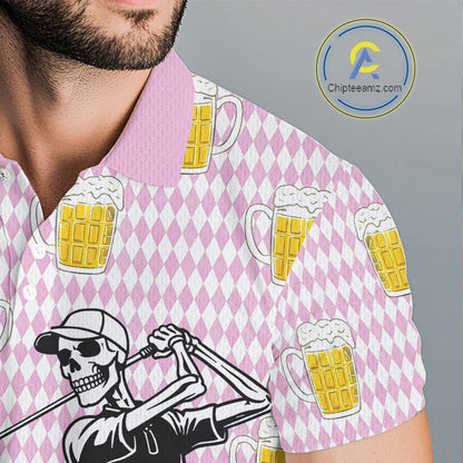 Funny Skull Golf Polo Shirts Beer Pink Argyle Pattern Custom Name Skull Playing Golf Apparel NBT631