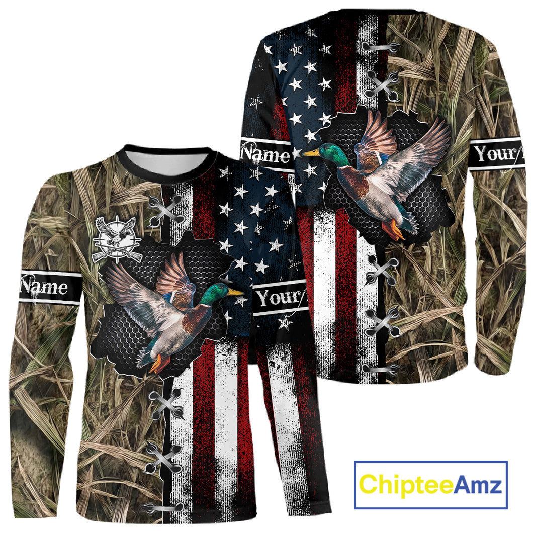 Mallard Duck Hunting Waterfowl Camo with US Flag Custom Name Hunting Gift NHT154