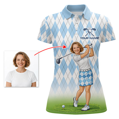 Personalized Argyle Style Funny Womens Golf Polo Shirt – Custom Face Portrait Cartoon Design NHT583