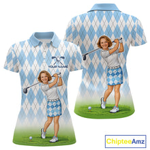 Load image into Gallery viewer, Personalized Argyle Style Funny Womens Golf Polo Shirt – Custom Face Portrait Cartoon Design NHT583