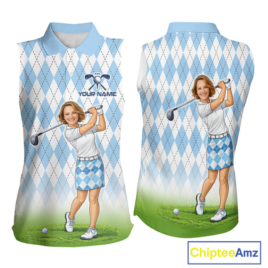 Personalized Argyle Style Funny Womens Sleeveless Golf Polo Shirt – Custom Face Portrait Cartoon Design NHT583