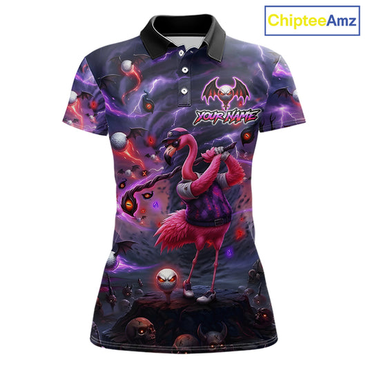 Personalized Womens Golf Polo Shirts Angry Flamingo Golfer Gothic Lightning Theme Team Name Shirt NHT804