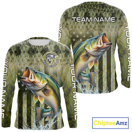 Custom Bass Fishing Shirt 3D Personalized Team Name Long Sleeve UV Protection Fishing Jersey For Men