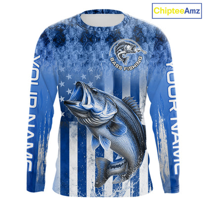 Custom Bass Fishing Shirt 3D Personalized Team Name Long Sleeve UV Protection Fishing Jersey|Blue 