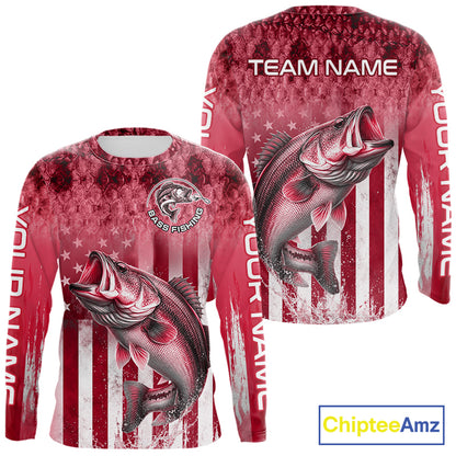 Custom Bass Fishing Shirt 3D Personalized Team Name Long Sleeve UV Protection Fishing Jersey|Red 