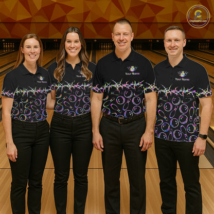 Personalized Bowling Shirt Black Neon Bowling Ball Custom Team Polo For Women NHT1269