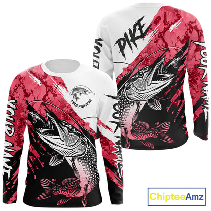 Personalized Red Northern Pike Fishing Jersey, Team Pike Fishing Long Sleeve Tournament Shirt NHT819