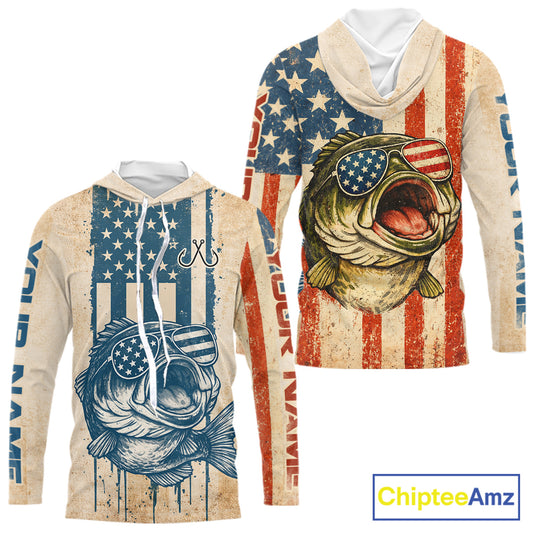 Custom Vintage Bass Funny Hooded Long Sleeve Fishing Shirt For Men, Bass Patriotic Fishing Shirt NHT601