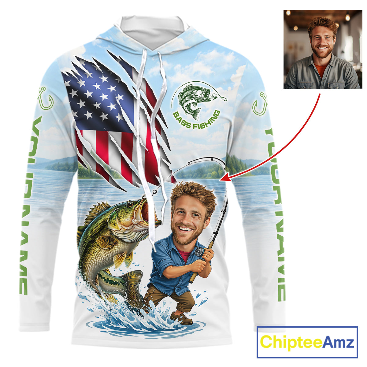 Personalized Bass Fishing Shirts Long Sleeve Hooded Custom Face Bass Fishing Patriot Shirt  NHT604
