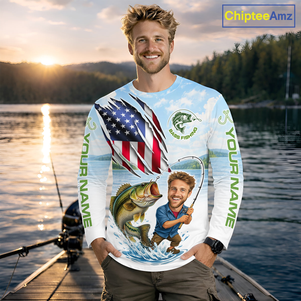 Personalized Bass Fishing Shirts Long Sleeve Custom Face Bass Fishing Patriot Shirt NHT604