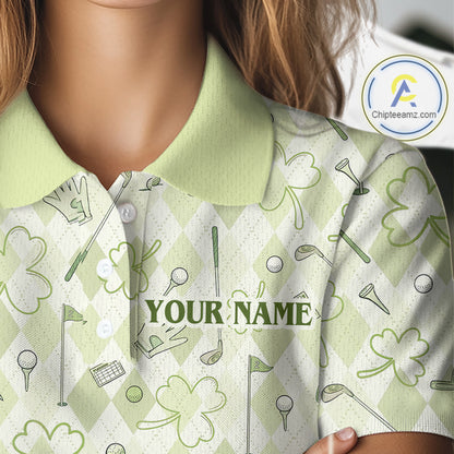 Custom Women’s Long Sleeve Golf Polo Shirt Lucky Shamrock Argyle Pattern Personalized Team Name