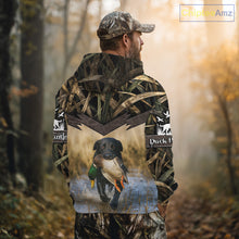 Load image into Gallery viewer, Mallard Duck Waterfowl Hunting Shirt Camo Personalized With Black Lab Dog, Hunting Shirts NHT167