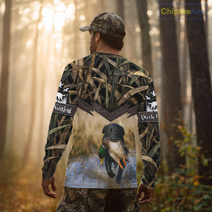 Mallard Duck Waterfowl Hunting Shirt Camo Personalized With Black Lab Dog, Hunting Shirts NHT167