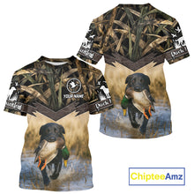 Load image into Gallery viewer, Mallard Duck Waterfowl Hunting Shirt Camo Personalized With Black Lab Dog, Hunting Shirts NHT167