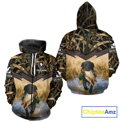 Mallard Duck Waterfowl Hunting Shirt Camo Personalized With Black Lab Dog, Hunting Shirts NHT167