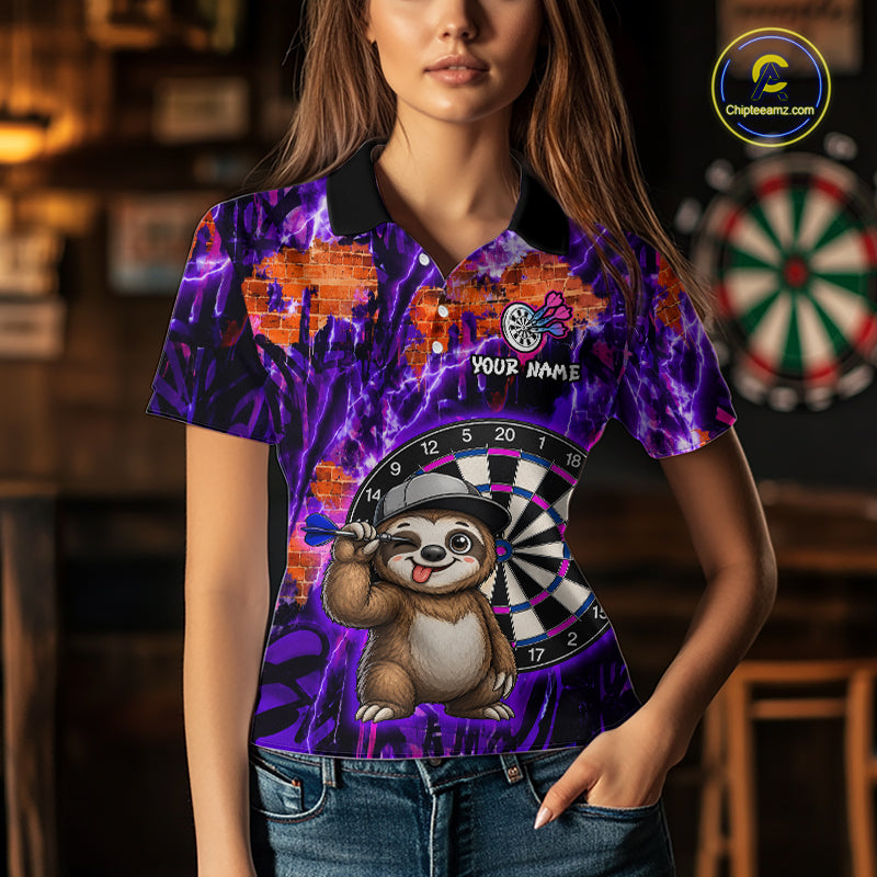 Person wearing a colorful shirt with a darts design and text 'Your Name' in a bar setting.