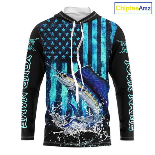 Custom Patriotic Sailfish Fishing Shirts Long Sleeve Hooded, Blue American Flag Sailfish Saltwater Fishing Shirt NHT616