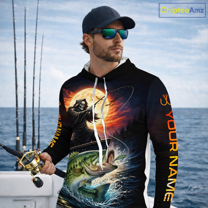 Personalized Fish Reaper Fishing Shirts Jerseys, Fish Reaper Sunset Bass Fishing Shirts Long Sleeve Hooded NHT829