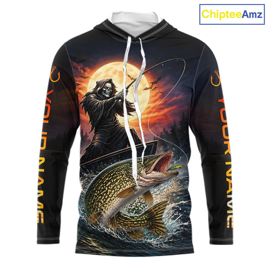 Personalized Fish Reaper Fishing Shirts Jerseys, Fish Reaper Sunset Pike Fishing Shirts Long Sleeve Hooded NHT830