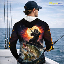 Load image into Gallery viewer, Personalized Fish Reaper Fishing Shirts Jerseys, Fish Reaper Sunset Pike Fishing Shirts Long Sleeve Hooded NHT830