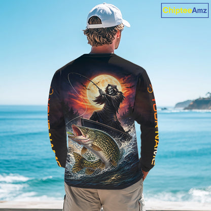 Personalized Fish Reaper Fishing Shirts Jerseys, Fish Reaper Sunset Pike Fishing Shirts Long Sleeve NHT830