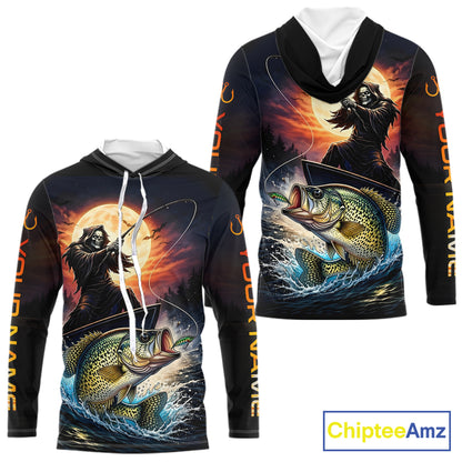Personalized Fish Reaper Fishing Shirts Jerseys, Fish Reaper Sunset Crappie Fishing Shirts Long Sleeve Hooded NHT831