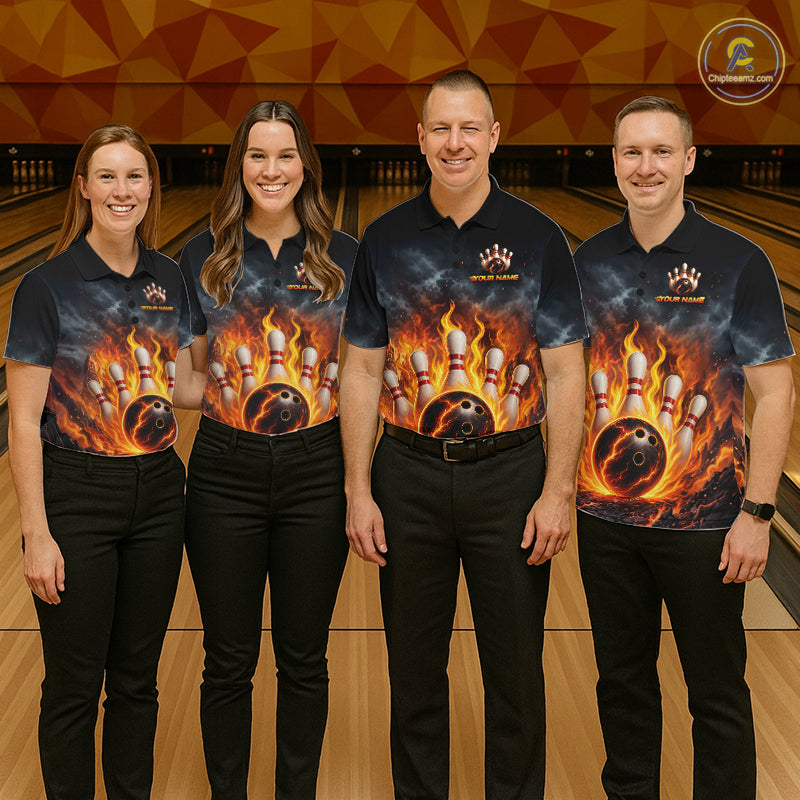 Fire Bowling Polo Shirt 1/4 Zip Personalized Custom Name Flaming Bowling Ball Team Jersey For Men NHT1284