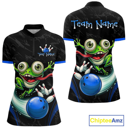 Front and back views of a black short-sleeve polo shirt with a colorful cartoon frog bowling graphic, blue trim, and customizable text areas on the chest and back, shown on a white background with a ChipteeAmz logo.