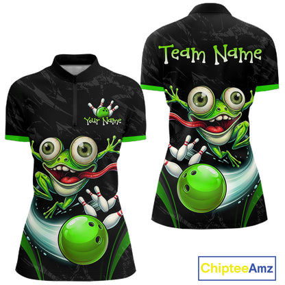 Front and back views of a black short-sleeve polo shirt with a green cartoon frog bowling graphic, customizable text areas, and a ChipteeAmz logo on a white background.