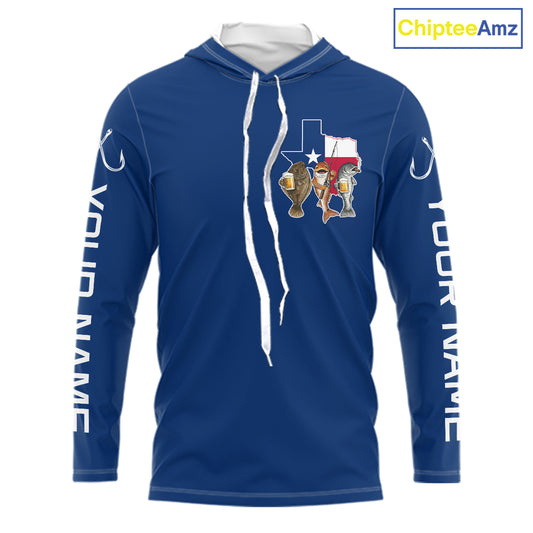 Texas Slam Funny Fishing Redfish, Trout, Flounder Fishing Shirts Long Sleeve Hooded For Men| Blue Navy NHT845