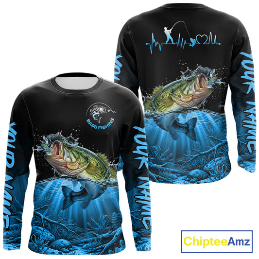 Largemouth Bass Fishing Shirt Long Sleeve For Tournament – Angler Gift For Men Dad| Blue NHT849