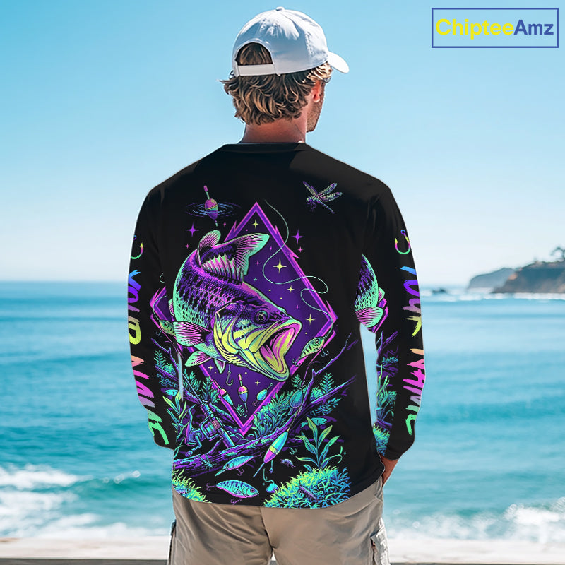 Neon Bass Fishing Shirts Long Sleeve  – Largemouth Bass Galaxy Glow Graphic Gift For Men Dad  NHT853