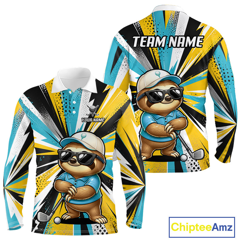 A long-sleeve collared shirt shown from the front and back, featuring a cartoon sloth wearing a cap and sunglasses on a bold yellow, blue, black, and white burst background. The back has 'TEAM NAME' text and the front has 'YOUR NAME'.