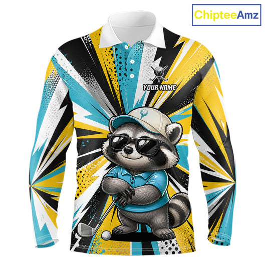 Personalized Racoon Golf Polo Shirt For Men, Funny Golf Lover Performance Polo Custom Name NHT1314
