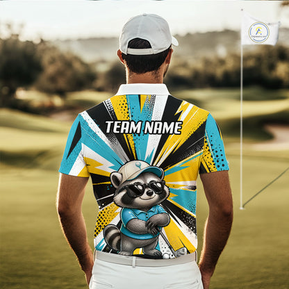 A man viewed from behind on a golf course, wearing a custom short-sleeve polo shirt with a colorful graphic design featuring a raccoon and the text 'TEAM NAME'.
