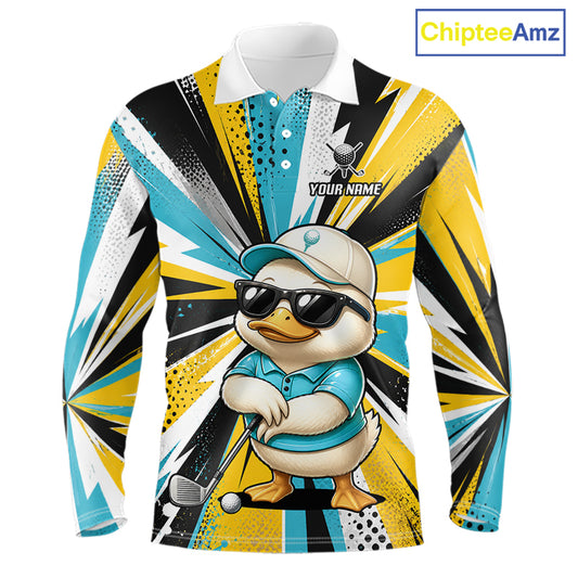 A long-sleeve collared polo shirt with an all-over graphic print featuring a cartoon duck wearing sunglasses and a cap, set against a yellow, blue, black, and white burst pattern. The shirt has a white collar and button placket, with 'YOUR NAME' printed on the chest as a customization placeholder.