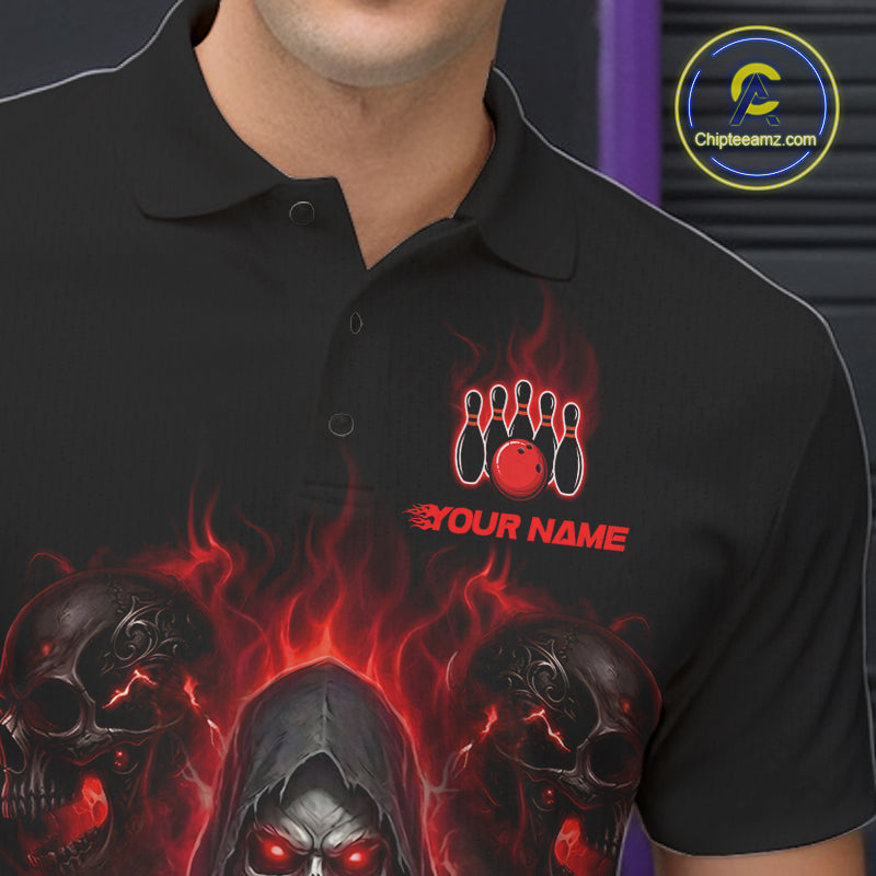 A man wearing a black short-sleeve polo shirt with a custom bowling-themed graphic print. The design features a red bowling ball and pins with red and white flames, and the text 'YOUR NAME'.