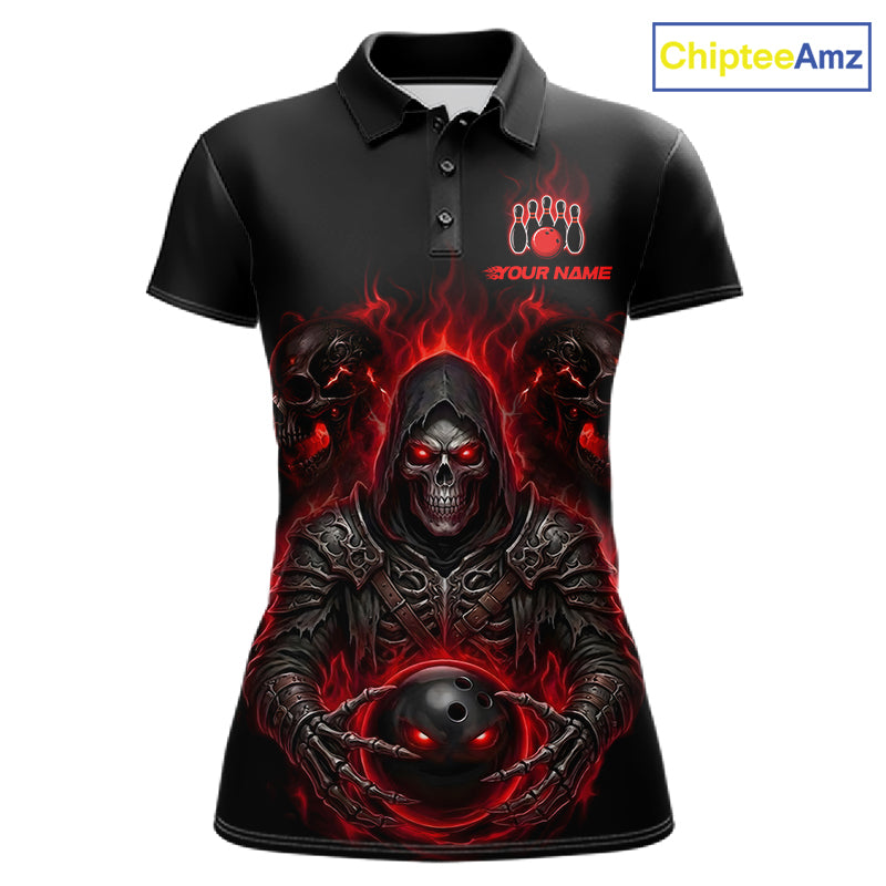 Personalized women bowling jersey with Grim Reaper skull graphic, custom name and team name front view bowling polo shirt.