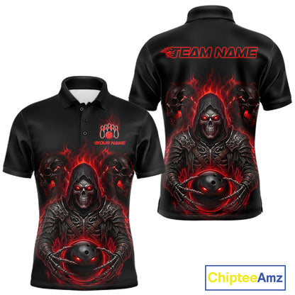 Black short-sleeve polo shirt shown from front and back with a large red and black hooded skull graphic, red flame effects, and customizable text areas on the chest and neck. A ChipteeAmz logo appears in the bottom right corner.