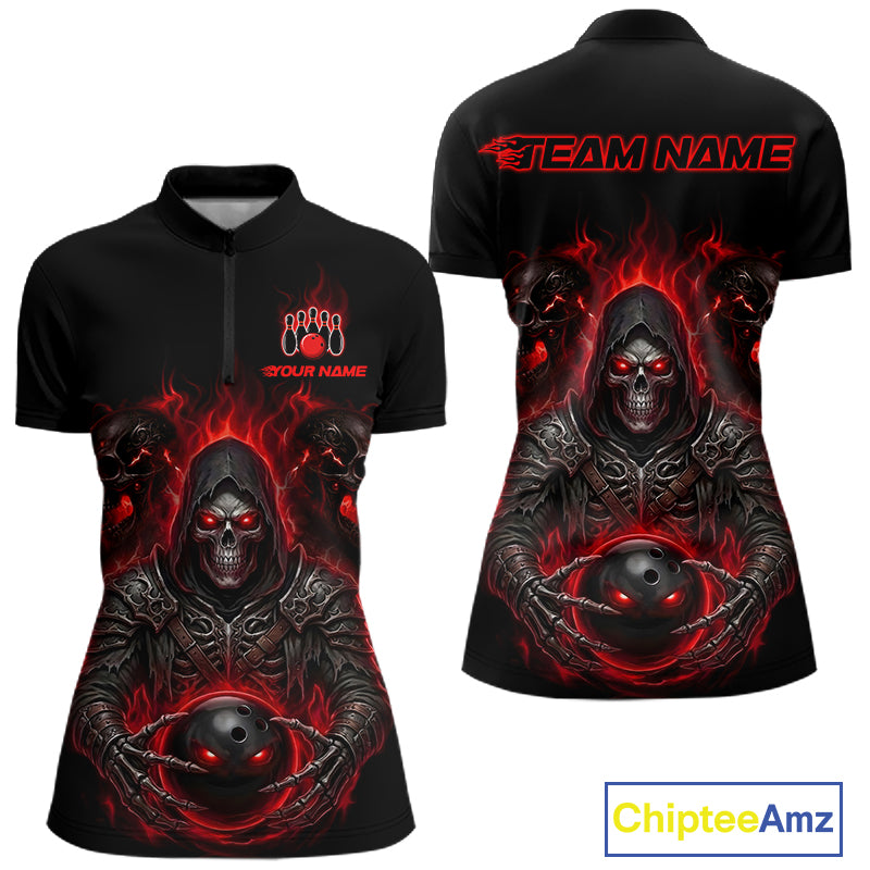 Front and back views of a black short-sleeve polo shirt featuring a detailed red and black graphic of a hooded skull holding a bowling ball, with 'TEAM NAME' and 'YOUR NAME' printed on the back and chest.