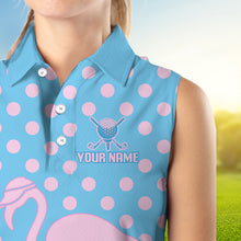 Load image into Gallery viewer, Women's Sleeveless Flamingo Golf Polo Shirt – Personalized Pink Flamingo Golf Jersey With Custom Name|Blue NHT1015