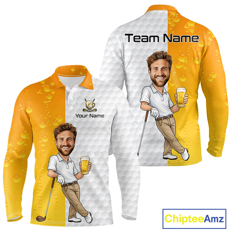 Personalized long-sleeve golf shirts shown from the front and back on a white background. The shirts have a split design with yellow and white sections, a golf ball dimple pattern on the white side, water droplets on the yellow side, and a cartoon caricature of a smiling man holding a beer on the chest.