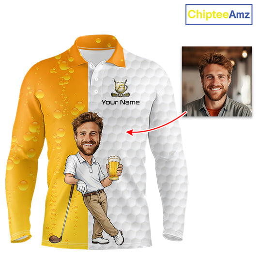 A long-sleeve polo shirt mockup split vertically: the left side is bright yellow with a water droplet pattern, and the right side is white with a golf-dimple texture. A cartoon golfer holding a beer is printed across the lower front, and a red arrow points from a small inset photo of a smiling man to the shirt area on the garment.