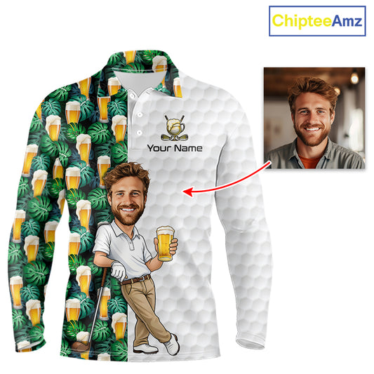 A long-sleeve polo shirt shown on a white background with a split design: one half has a green tropical leaf pattern with repeated beer glasses, and the other half is white with a golf-ball texture. A cartoon golfer holding a beer is printed across the front, along with the text 'Your Name' and a golf club and ball graphic.